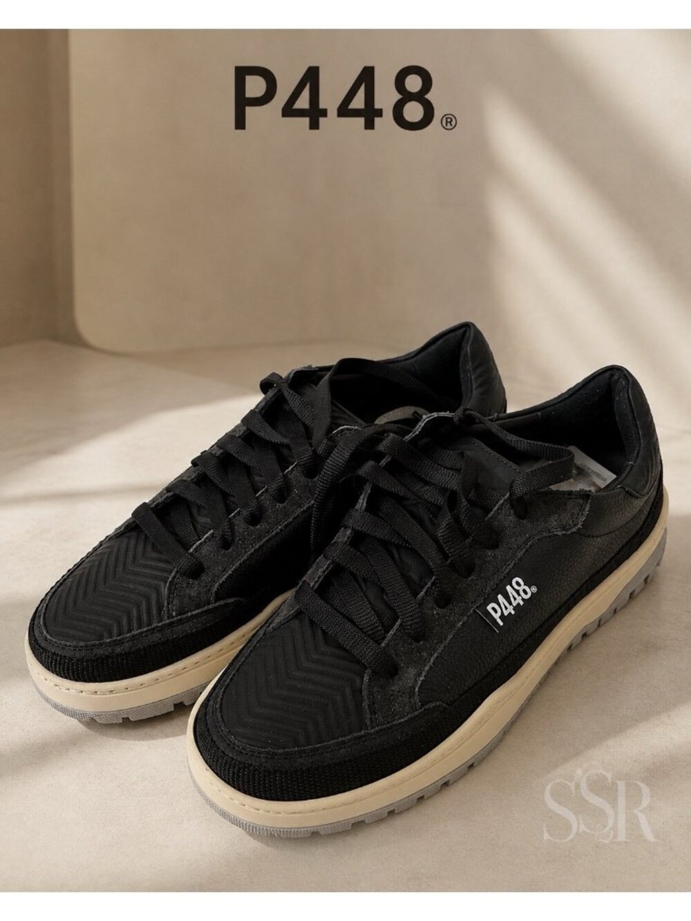 P448 Olli Black Leather & Textile Lace-Up Sneakers EU 39 US 9 NWOB Made  Italy